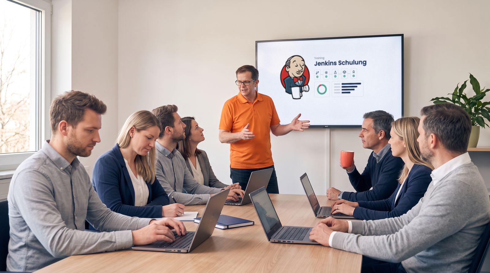 Trainer erklärt der Gruppe Jenkins
