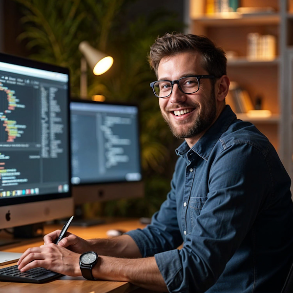 gluecklicher-softwareentwickler-nach-migration-gitlab-ci Entwickler nutzt Value Streams