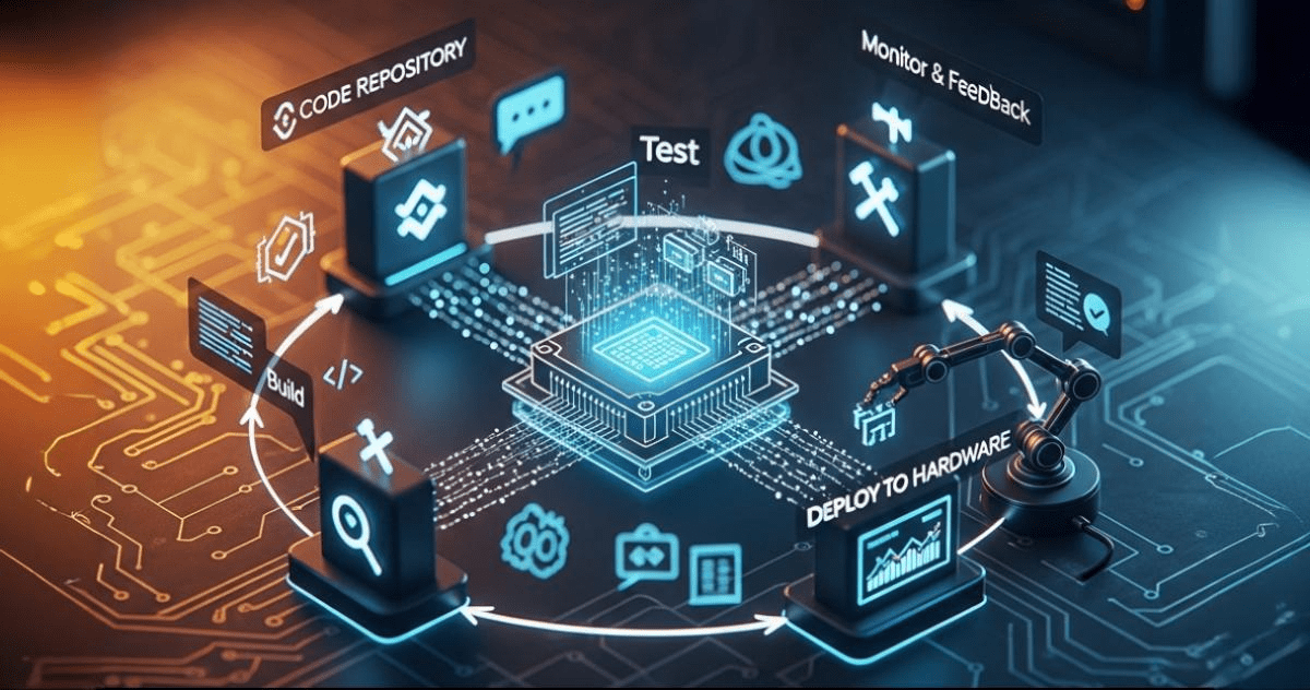 Illustration des kontinuierlichen Lieferprozesses für eingebettete Systeme, zeigt CI/CD-Automatisierung und Best Practices mit Symbolen für Code-Repository, Test, Überwachung und Feedback sowie Bereitstellung auf Hardware.