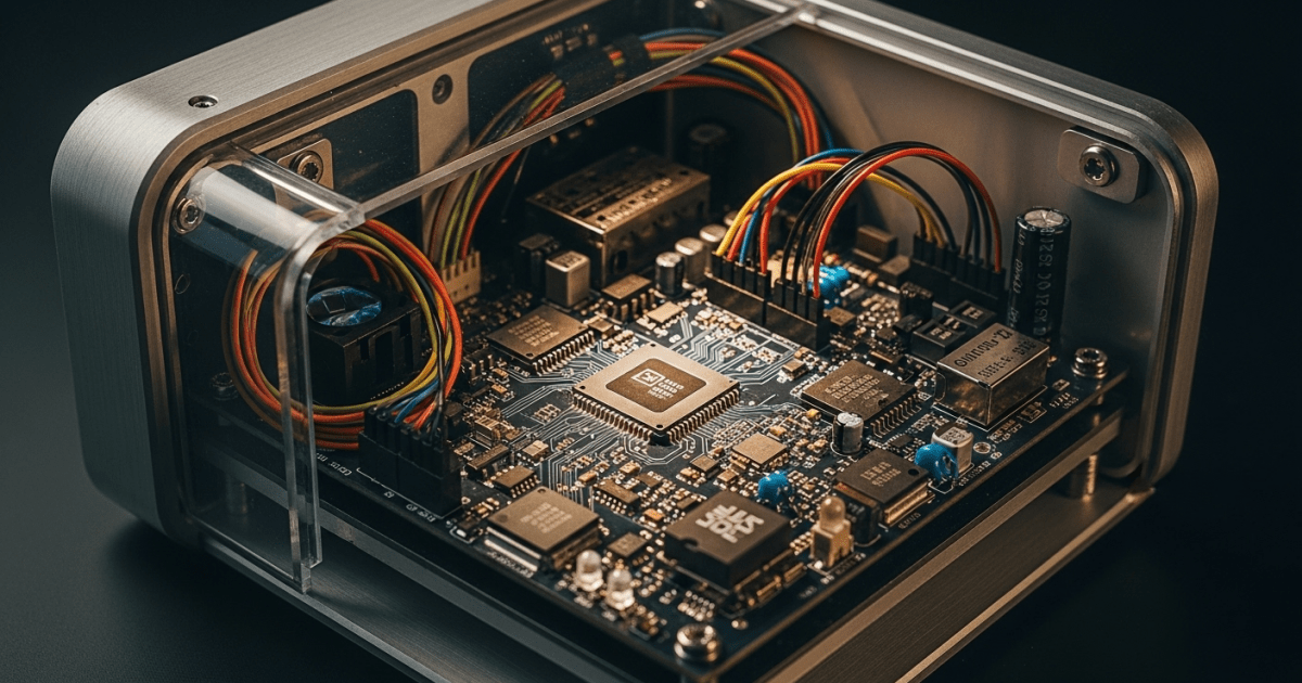 Nahaufnahme eines eingebetteten Systems in einem transparenten Gehäuse, das verschiedene elektronische Komponenten wie Mikrocontroller und Schaltkreise zeigt, die für CI/CD-Automatisierung und Best Practices in der kontinuierlichen Lieferung von Bedeutung sind.